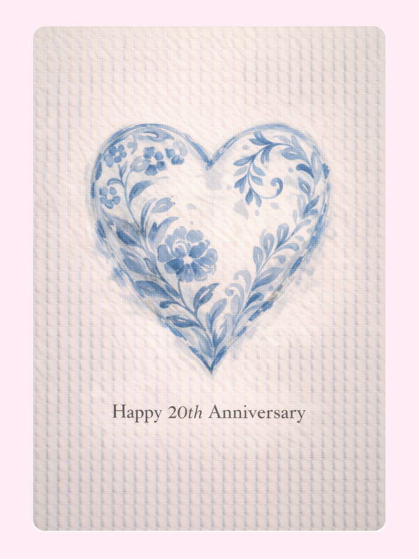 Blue Floral Heart 20th Anniversary Cake Card letterbox cake card with freshly baked cake slices