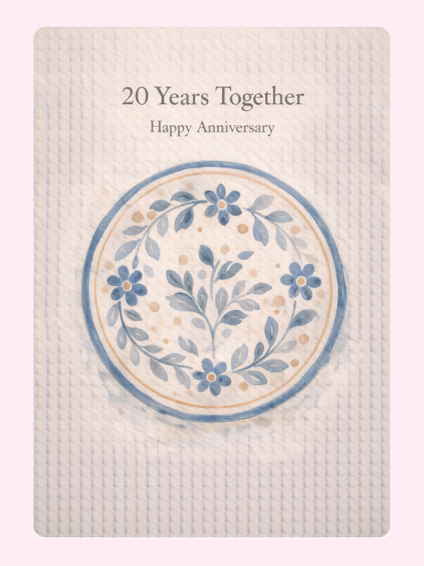20 Years Together China Anniversary Cake Card letterbox cake card with freshly baked cake slices