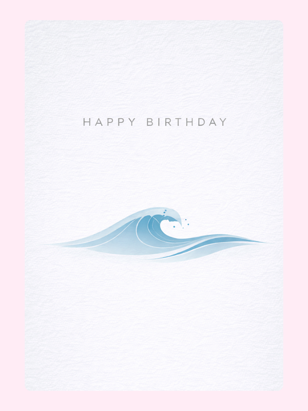 Simple, minimalist birthday card featuring a soft blue ocean wave design with "Happy Birthday" text.