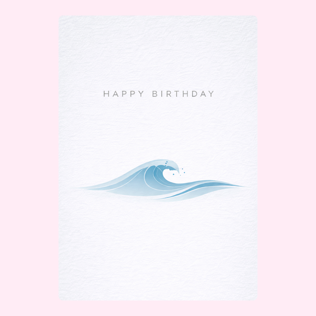 Simple, minimalist birthday card featuring a soft blue ocean wave design with "Happy Birthday" text.