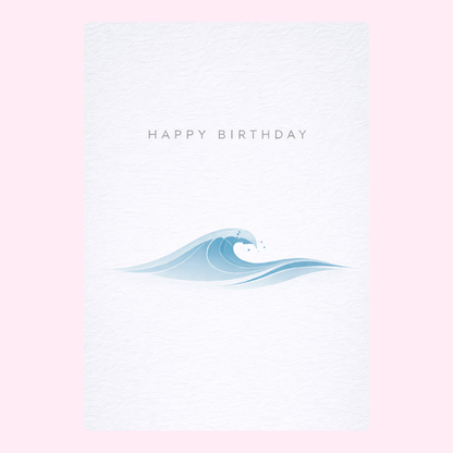 Simple, minimalist birthday card featuring a soft blue ocean wave design with "Happy Birthday" text.