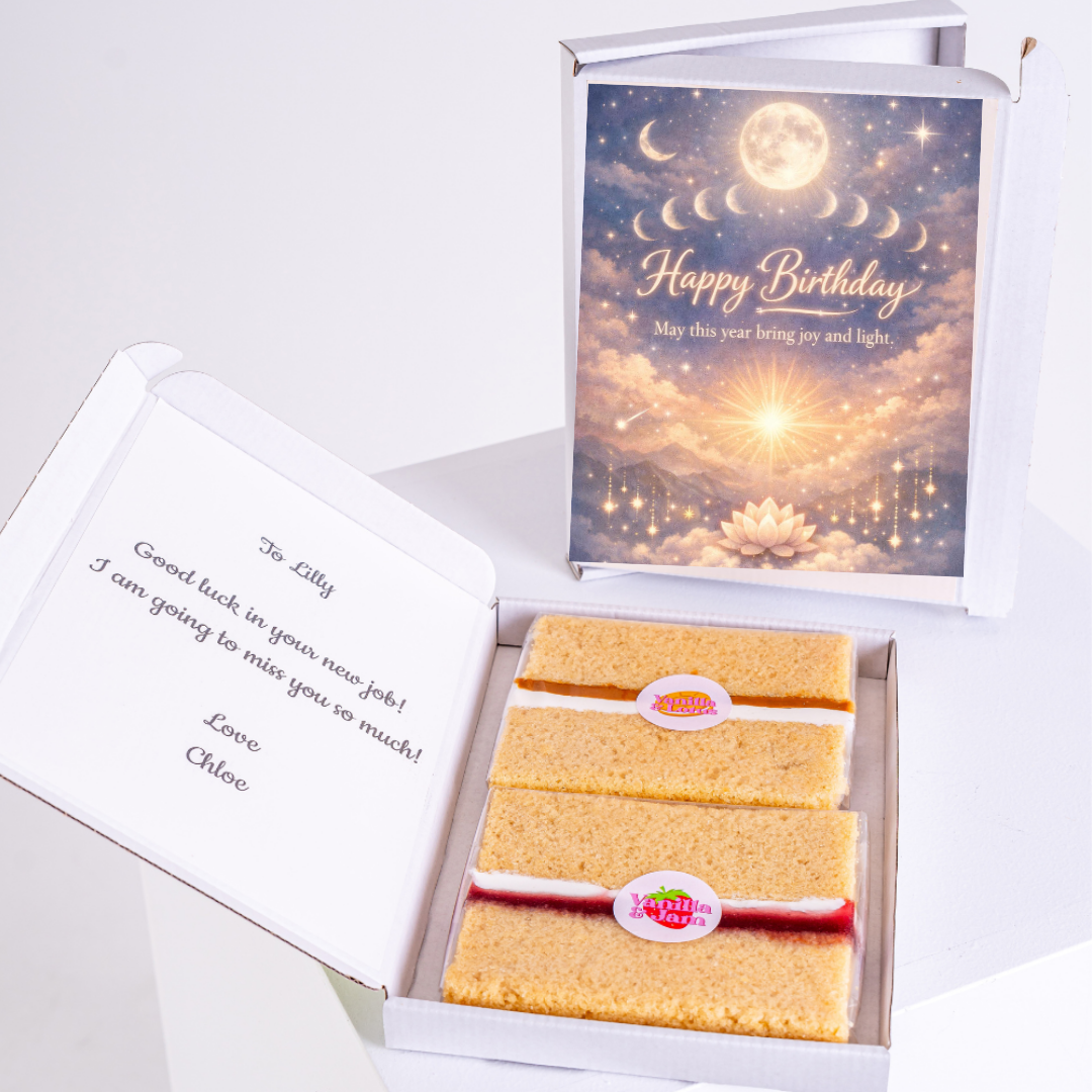 celestial moonlight birthday cake card by post UK letterbox birthday gift edible greeting card with cake inside