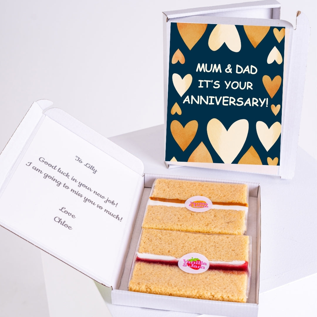 Mum and Dad Happy Anniversary cake slice gift box.