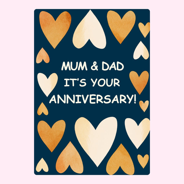 Mum and Dad Happy Anniversary card with heart-shaped balloons.