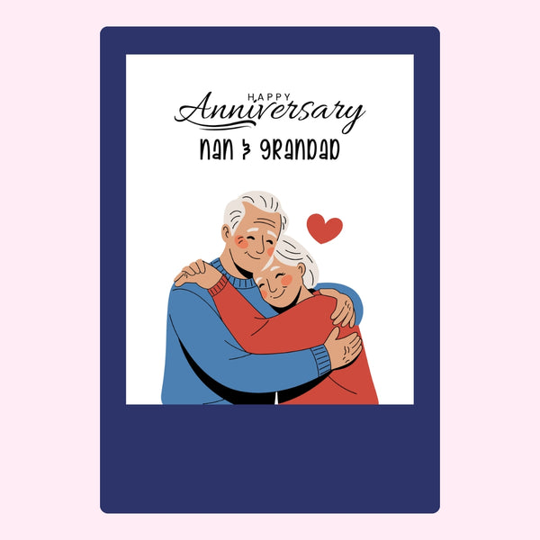 Nan and Grandad hugging with “Happy Anniversary” message.