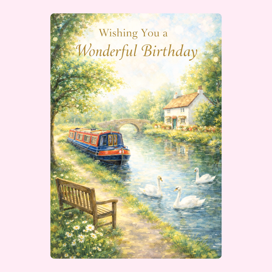 A serene birthday card depicting a tranquil countryside scene with a canal boat, swans swimming in the water, and a small cottage.