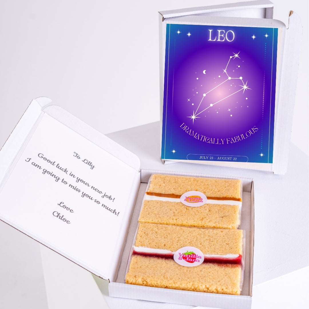 Personalised gift box with Leo design and vanilla slices.