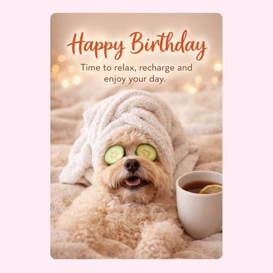 relaxing spa dog birthday cake card by post UK letterbox birthday gift edible greeting card with cute dog