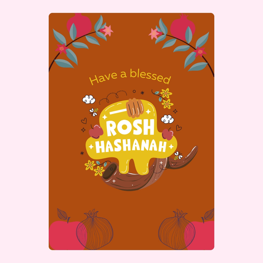 Rosh Hashanah greeting card with honey dipper and flowers.