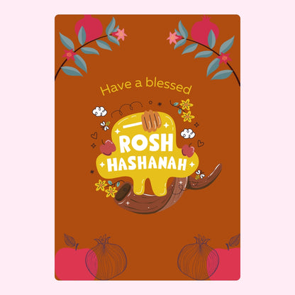 Rosh Hashanah greeting card with honey dipper and flowers.