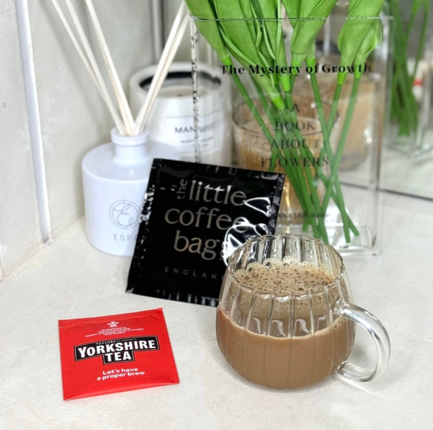 Coffee and Yorkshire tea setup, screenshot from 11/22/24.