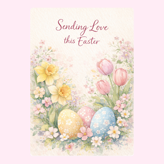 Spring flowers and Easter eggs in a beautiful wreath.