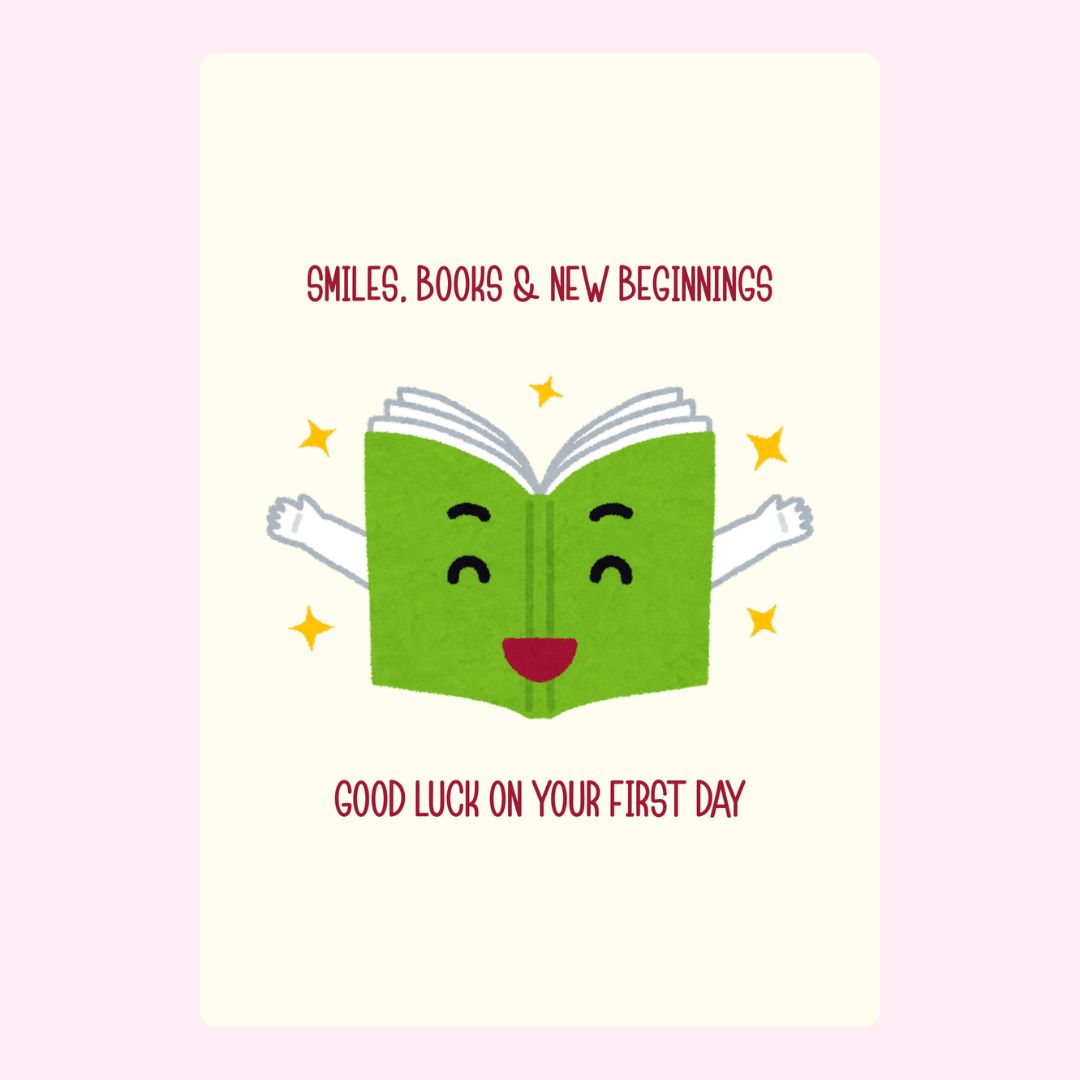 Smiling book with stars and good luck message.