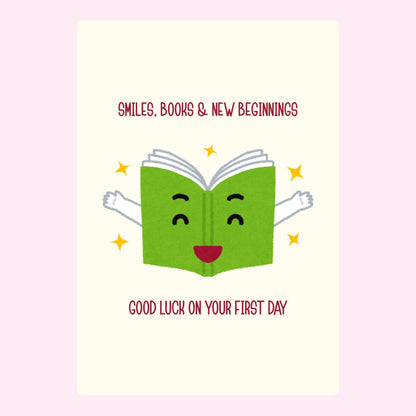 Smiling book with stars and good luck message.