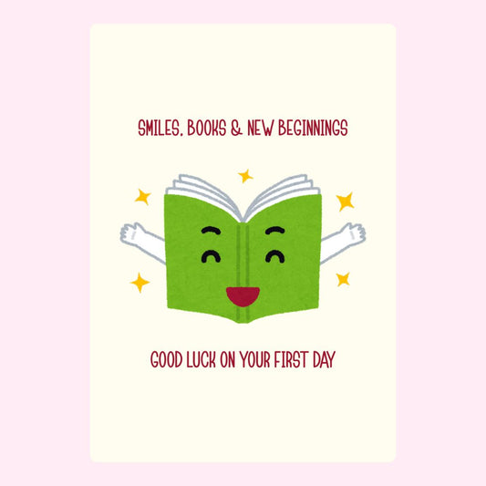 Smiling book with stars and good luck message.