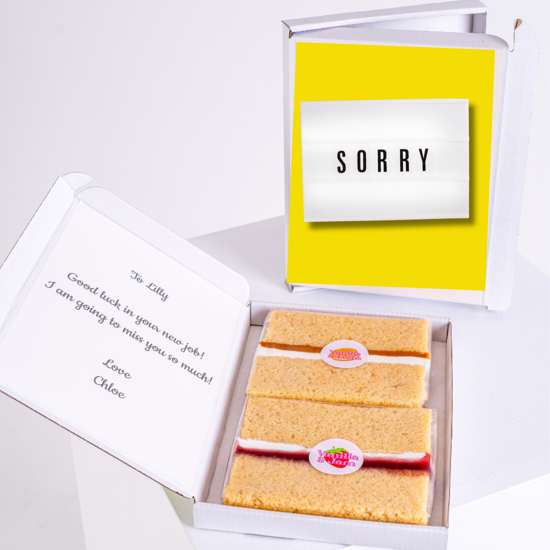 “Sorry-themed letterbox treat with message.”