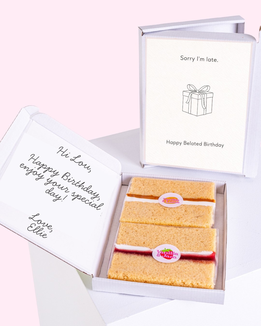 A birthday card with a gift box illustration on the front and the text 'Sorry I’m Late. Happy Belated Birthday'