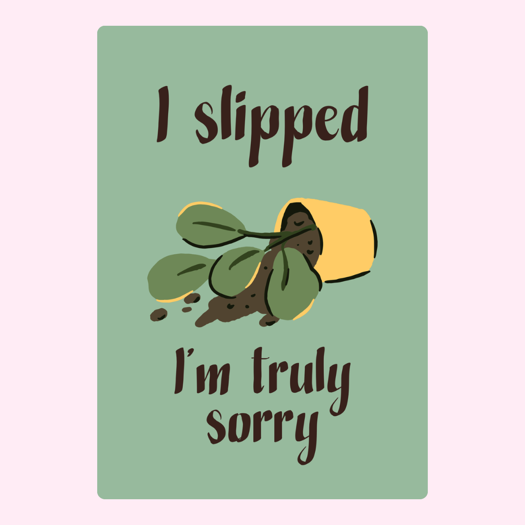 Spilled plant pot with sorry message.