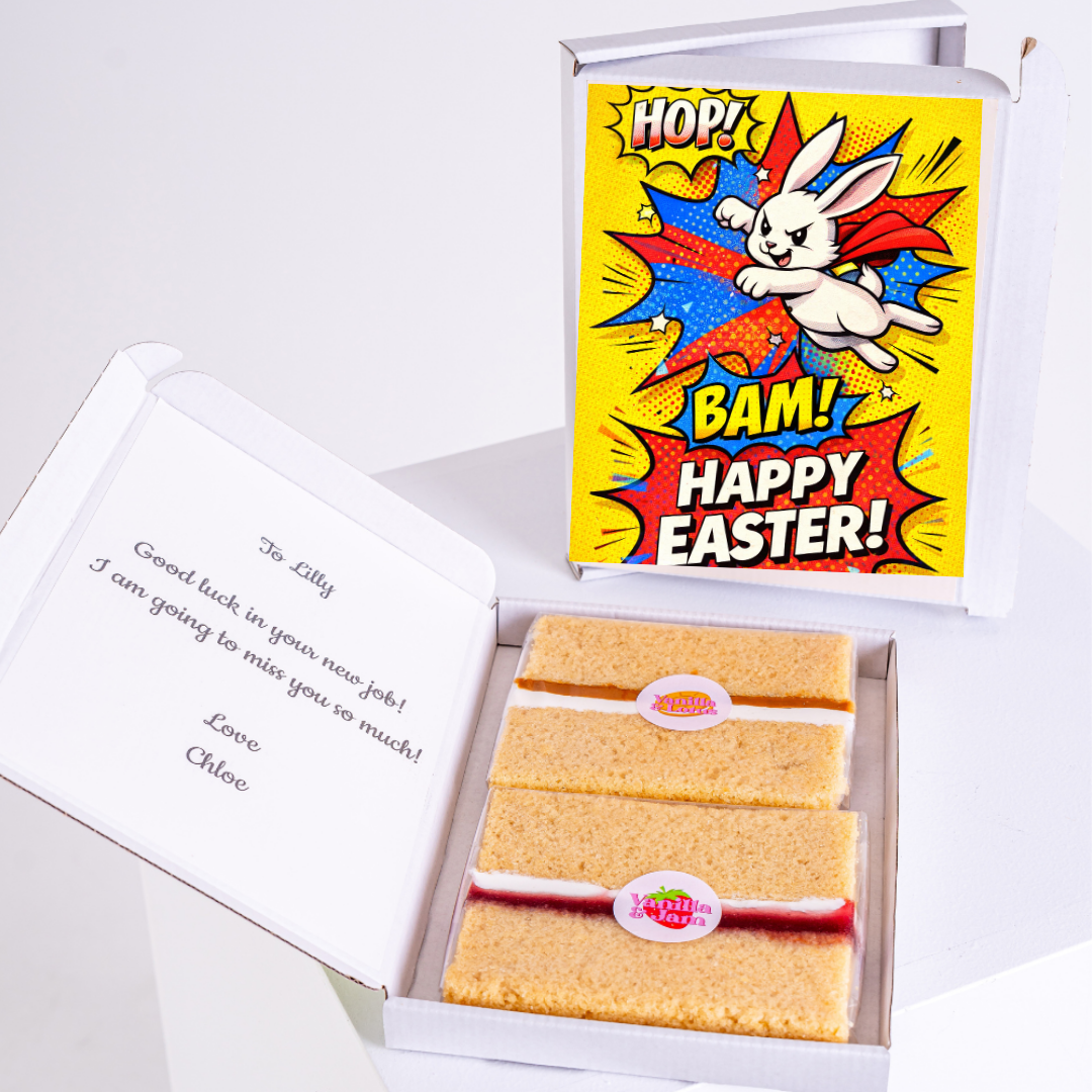 Cake card with superhero bunny and Easter message.