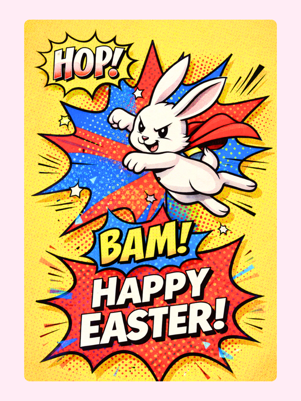 Comic-style Easter card with superhero bunny.