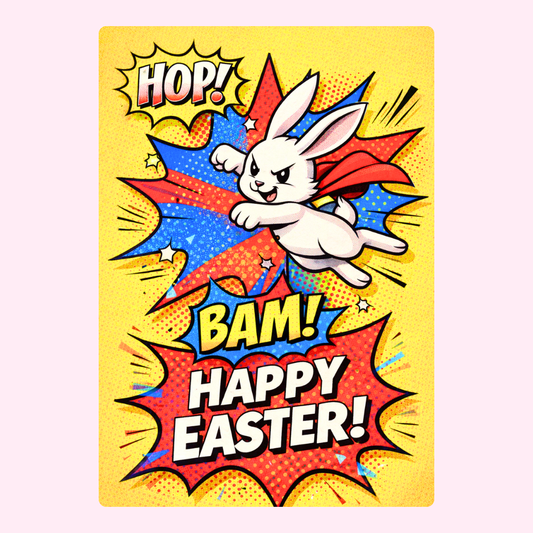 Comic-style Easter card with superhero bunny.