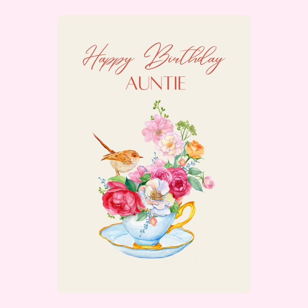 Teacup filled with colourful flowers and a bird, with 'Happy Birthday Auntie' text in cursive