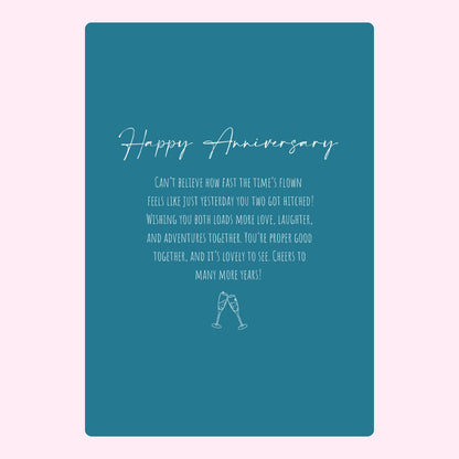 Teal anniversary message with champagne glasses.