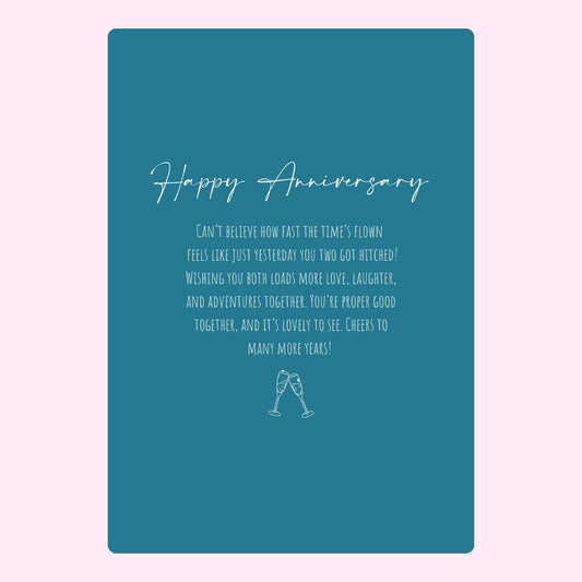 Teal anniversary message with champagne glasses.