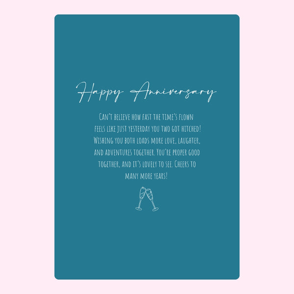 Teal anniversary message with champagne glasses.