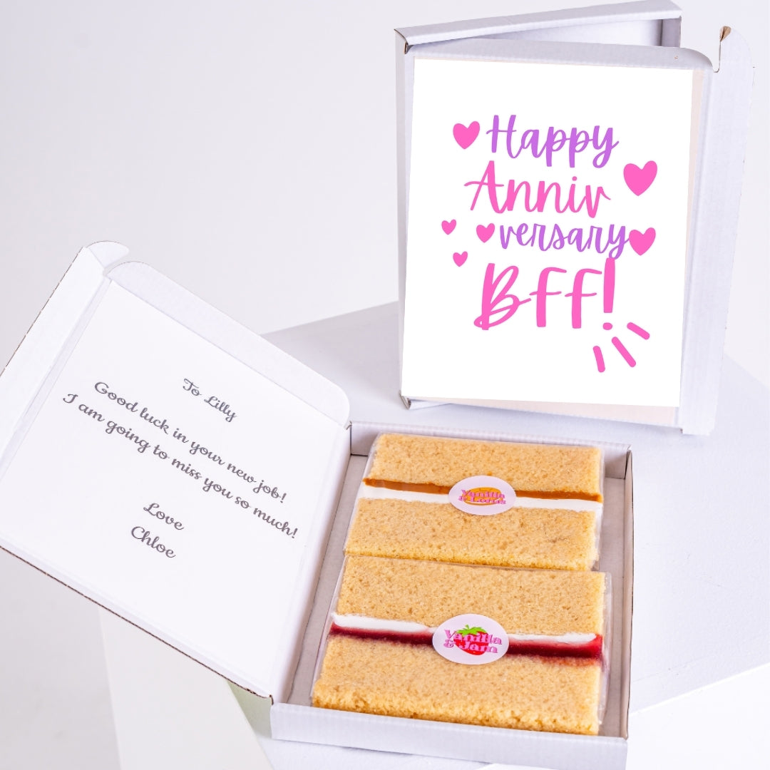 Treat box with Happy Anniversary BFF message inside.