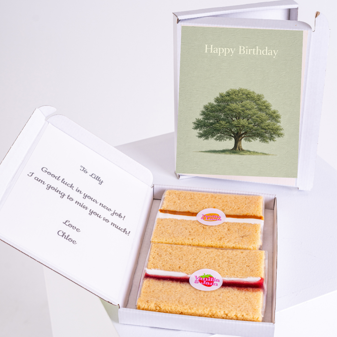 Elegant birthday card featuring a large tree on a soft background with the message "Happy Birthday" above. The inside of the card includes a personal note wishing good luck for a new job.