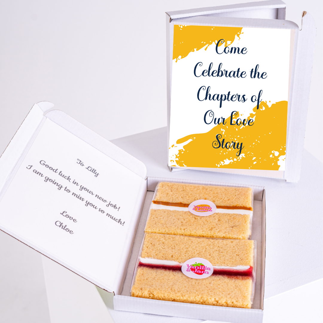 Cake gift box with Celebrate Our Love Story message, farewell note