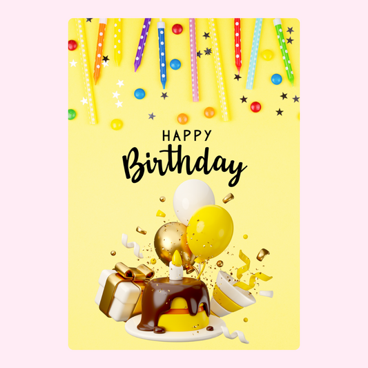 Happy Birthday card with cake and balloons