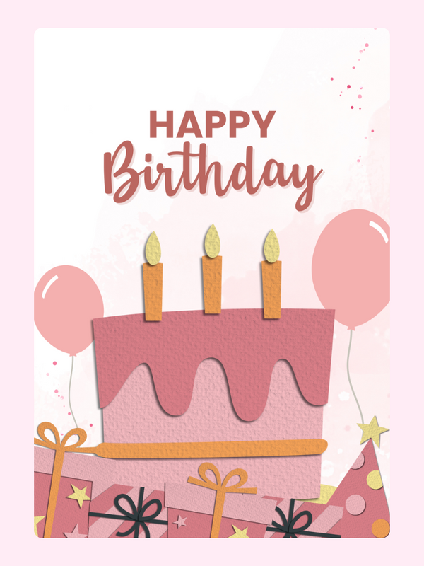Happy Birthday card design with cake, balloons, and gifts.