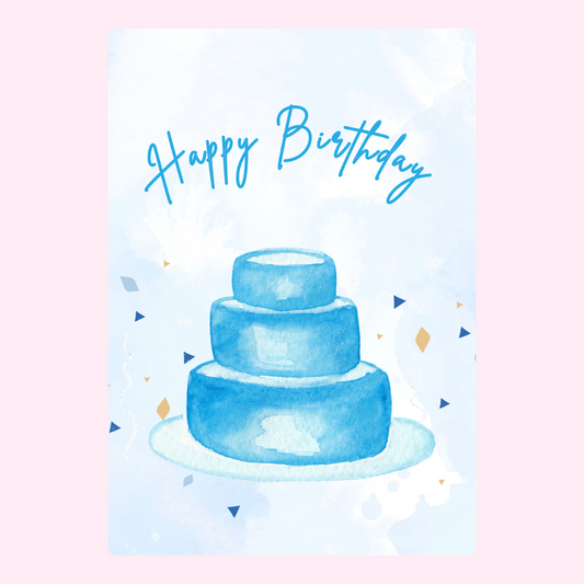 Happy Birthday card with blue watercolor cake