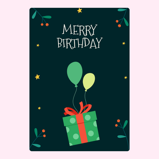 Merry Birthday card design with gift and balloons