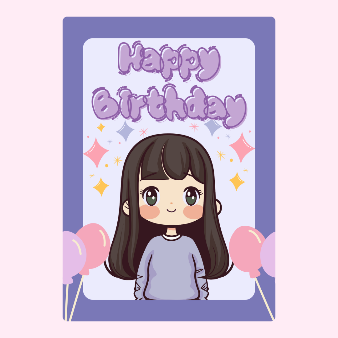Happy Birthday card design, cartoon girl, 2024-11-22.