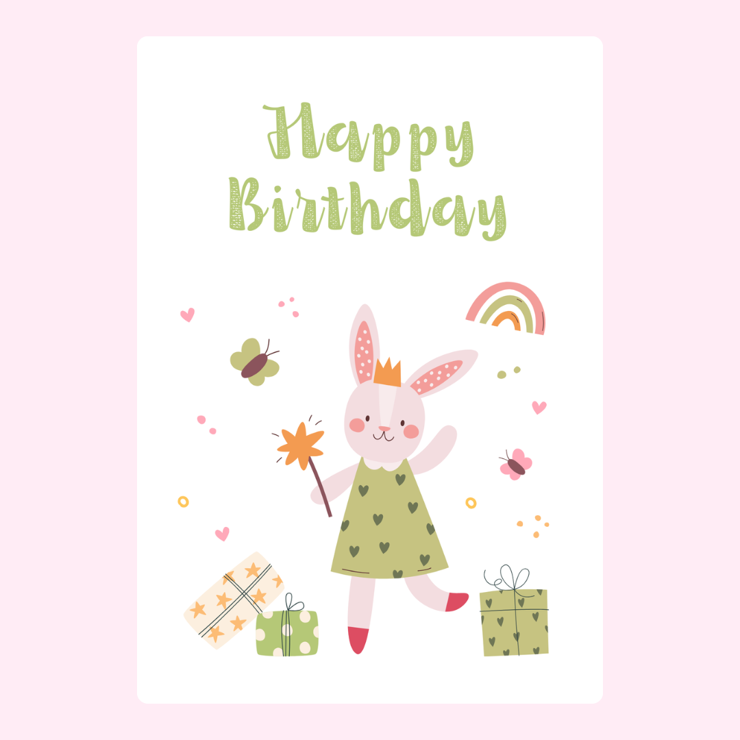 Happy Birthday card with bunny, gifts, and rainbow.