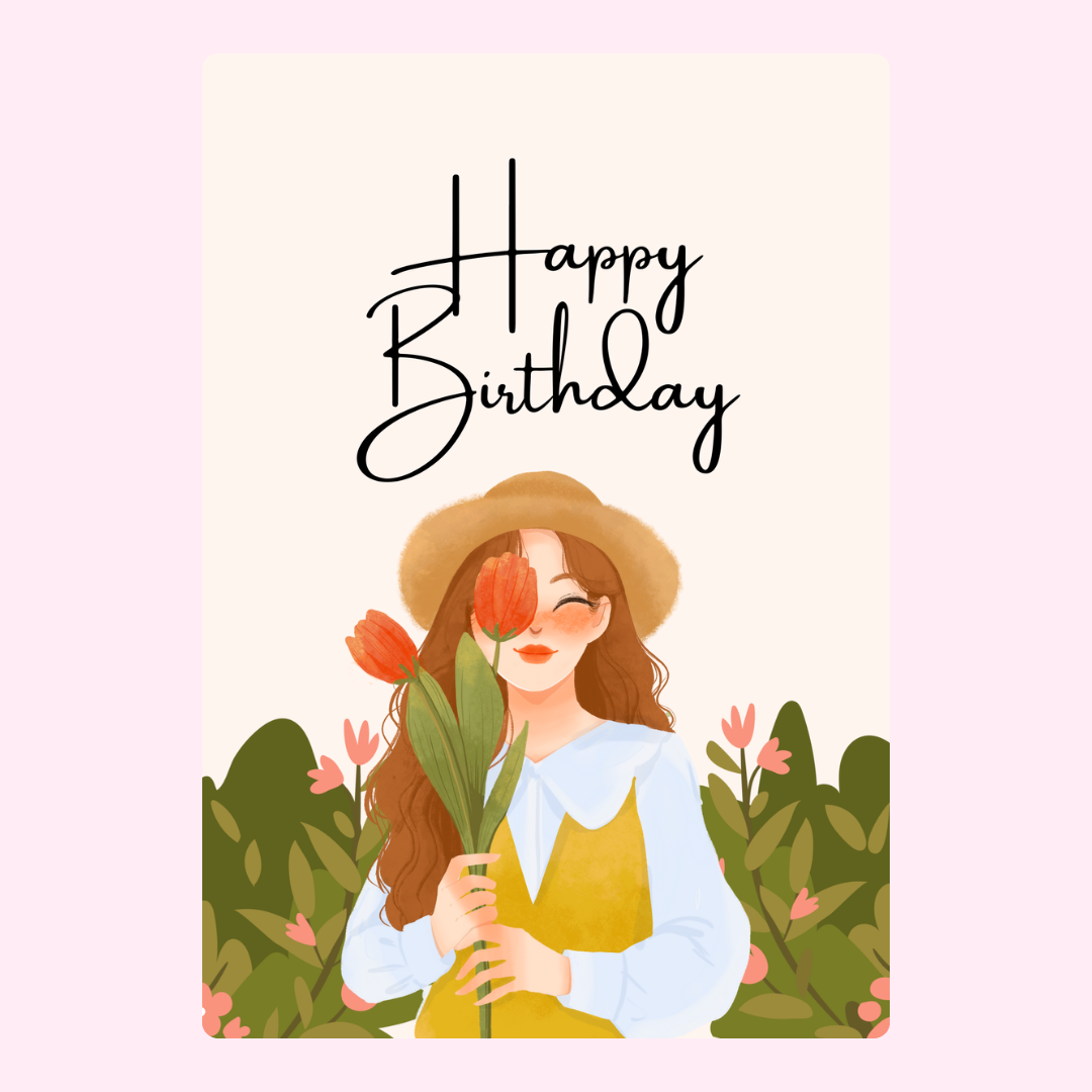Birthday design with girl holding flowers