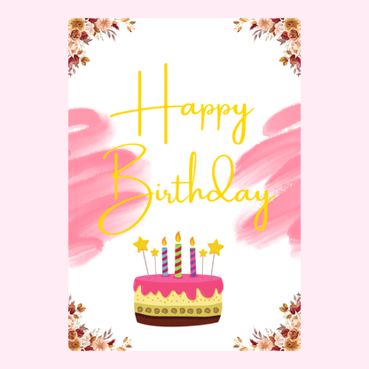 Pink birthday cake design with floral corners and candles