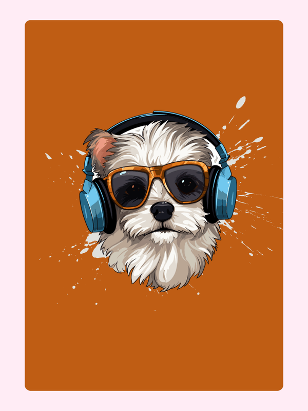 Cool dog with headphones and sunglasses on orange background.