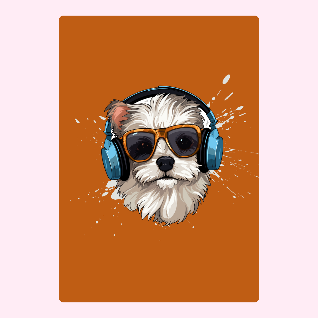 Cool dog with headphones and sunglasses on orange background.