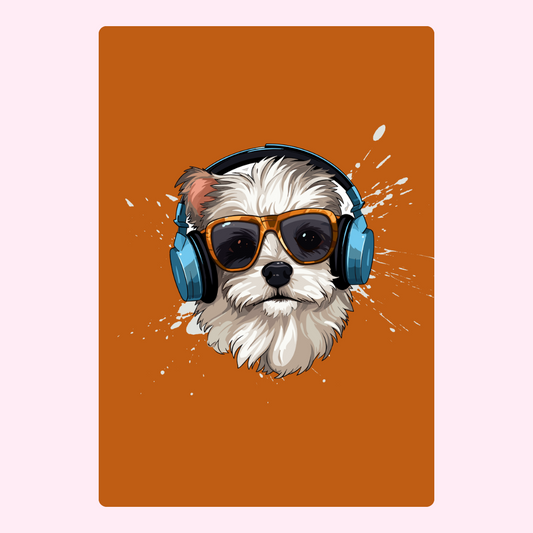Cool dog with headphones and sunglasses on orange background.