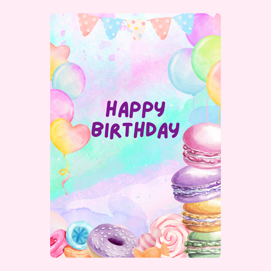 Happy birthday card design with balloons and sweets.