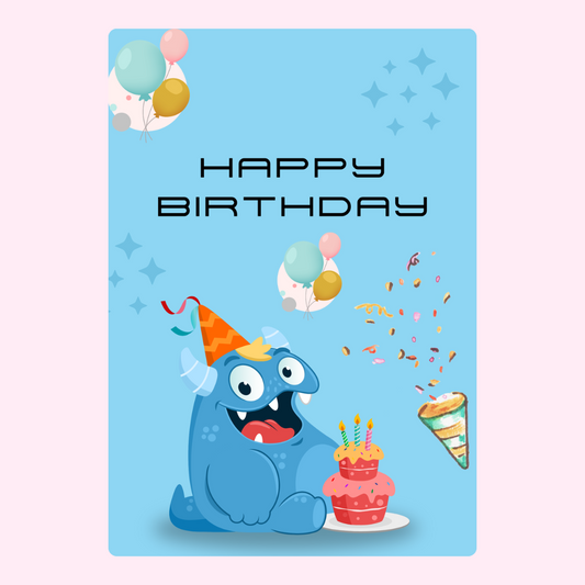 Happy Birthday card with blue monster, balloons, and cake