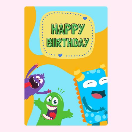 Happy Birthday card with colorful monsters