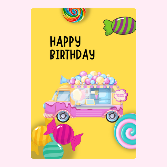 Happy birthday card with candy truck.
