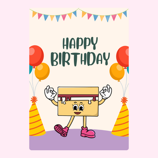 Happy Birthday card design with cake character and balloons