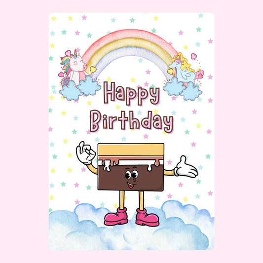 Happy Birthday card with cartoon cake, unicorns, and rainbow