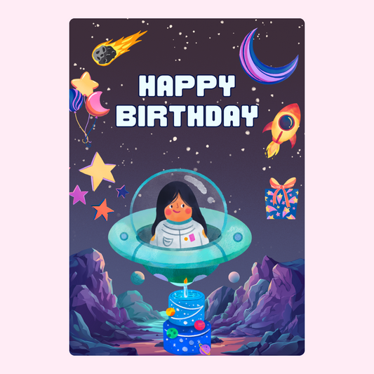 Happy birthday card with astronaut in space, design from Nov 23, 2024.